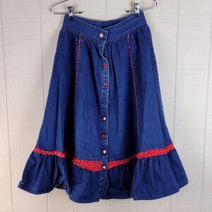 Vintage Stage West Chambray Denim Skirt Calico Ruffle Button Western Prairie